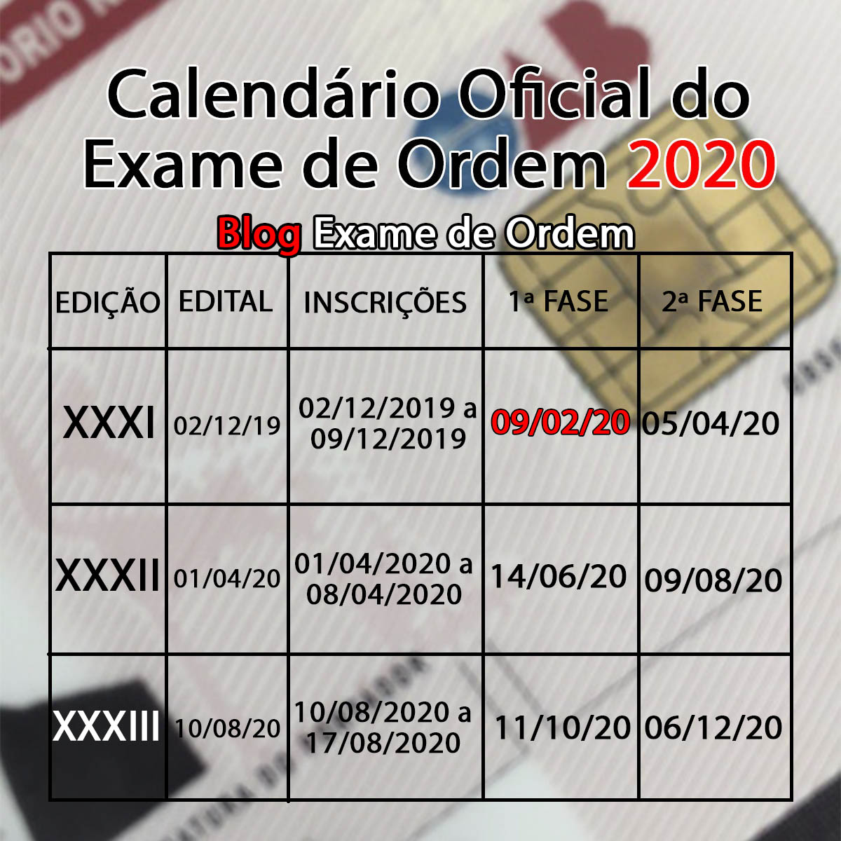 Confiram o calendrio 2020 do Exame de Ordem!